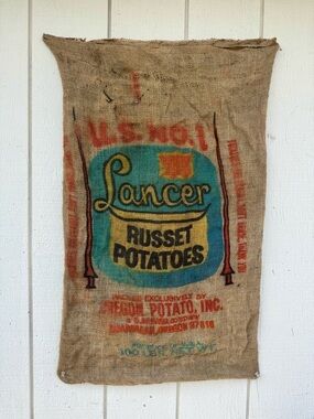 Vintage Lancer Russet Potato Burlap Sack – Colorful Farm Print | Rustic Decor
